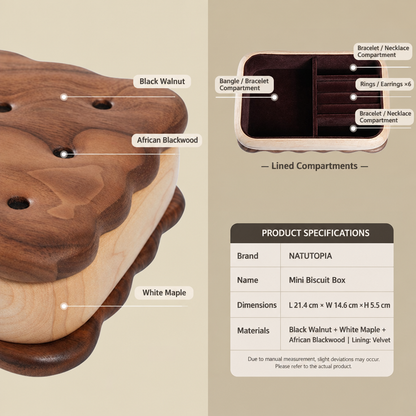 Mini Biscuit Box with English specifications for black walnut, white maple, and African blackwood