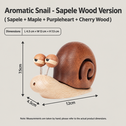 Sapele wood aromatic snail diffuser with dimensions 12 cm by 4.5 cm by 7.5 cm