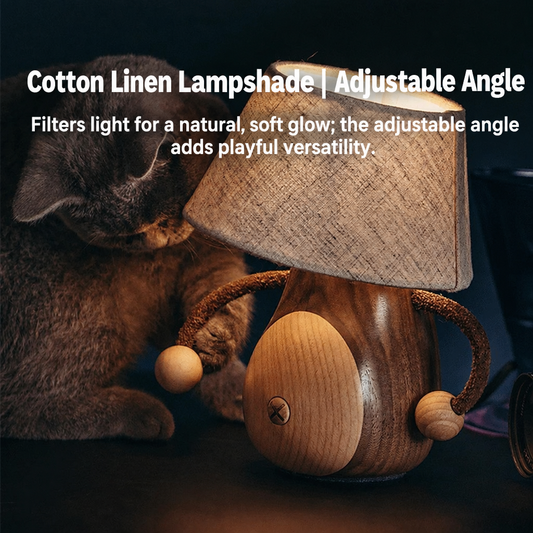 The Light Man wooden lamp with a cotton linen lampshade and adjustable angle.